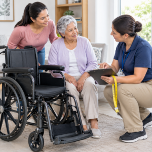 Older adult and caregiver reviewing wheelchair fit and home measurements with a specialist