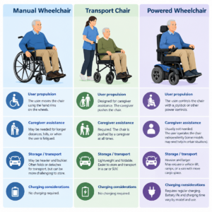 Vector comparison of manual wheelchair, transport chair, and powered wheelchair considerations