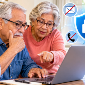 Older adults reviewing online scam warnings and suspicious digital messages on a laptop at home.