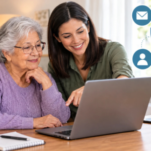 Older woman reviewing laptop account security settings with a family member to improve online safety for seniors.