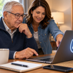 Senior man reviewing password protection and laptop security with help from a younger family member.