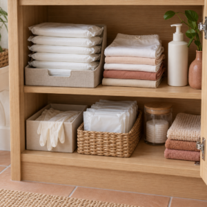 Organized absorbent incontinence pads, underwear, disposal bags, and hygiene supplies in a bathroom storage area.