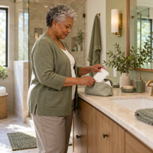 Older woman preparing a discreet absorbent incontinence pad changing kit in her bathroom.