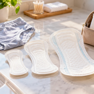 Absorbent incontinence pads in different sizes arranged with clean underwear and a discreet changing pouch