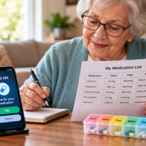 Older woman reviewing a medication list beside a smartphone reminder and weekly pill organizer.