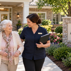 Older woman and adult daughter visiting a memory care community with a staff guide.