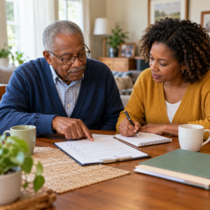 Older man and adult daughter preparing questions before visiting a memory care community.
