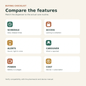 Six-feature automatic pill dispenser comparison covering scheduling, access, alerts, monitoring, power, and cost.