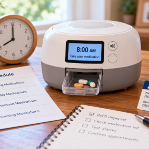 Automatic pill dispenser beside a medication schedule, clock, and smartphone for a caregiver-supported medication routine.
