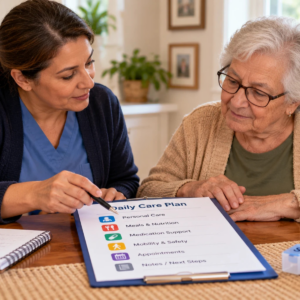 Caregiver, nursing supervisor, and older adult reviewing a care checklist during a training follow-up.