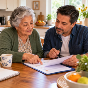 Older woman and family caregiver reviewing a daily care plan together at home.