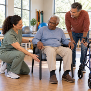Physical therapist explaining safe mobility support while a family caregiver observes and an older man remains seated.