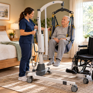 Original editorial image showing electric patient lift in a realistic accessible setting without logos or private information.