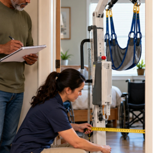 Original editorial image showing electric patient lift in a realistic accessible setting without logos or private information.