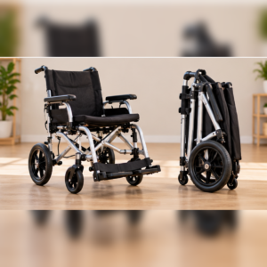 Mobility technician inspecting Foldaway Wheelchair folding joints, frame locks, and wheel components during professional maintenance.