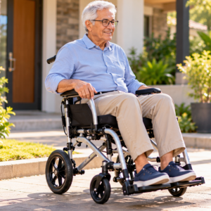 Older adult receiving a professional Foldaway Wheelchair fitting with seat dimensions, footrests, and folding design evaluated.