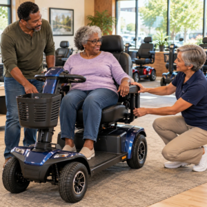 Occupational therapist evaluating the seating and controls of a heavy-duty mobility scooter with an older adult.