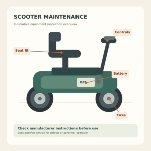 Mobility equipment technician inspecting the tires, battery, and frame of a heavy-duty mobility scooter.