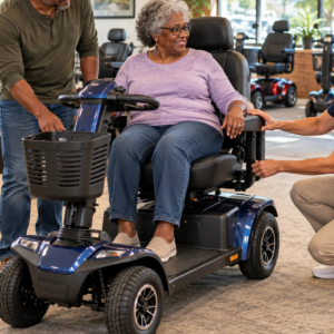 Close-up of an older adult reviewing tiller reach and steering controls on a heavy-duty mobility scooter.