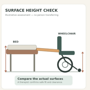 Occupational therapist checking wheelchair and bed height with a transfer board nearby before supervised transfer training.