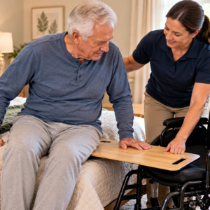Occupational therapist evaluating a wooden wheelchair transfer board with an older man seated beside a therapy bed.