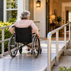 Older woman in a wheelchair reviewing an accessible home entrance and modular ramp with a contractor.