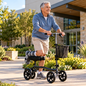 Adult using a knee walker along a smooth accessible corridor during a supervised mobility assessment.