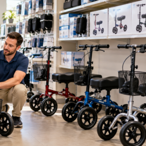 Mobility equipment technician inspecting a knee walker's brakes, wheels, frame, and padded leg support before sale.