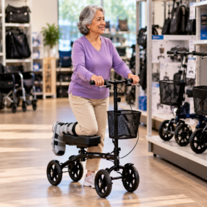 Older woman receiving professional assistance with knee walker handlebar height, padded leg support, and brake positioning.