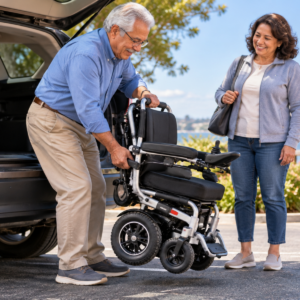Original editorial image showing light foldable electric wheelchair in a realistic, accessible setting without logos or private information.