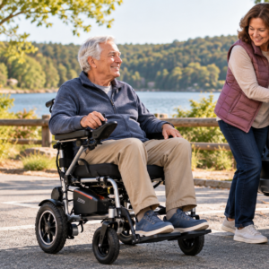 Original editorial image showing light foldable electric wheelchair in a realistic, accessible setting without logos or private information.