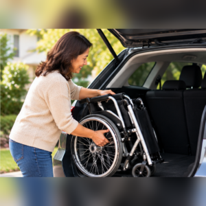 Caregiver checking the folded dimensions and transport configuration of a Lighter Wheelchair beside a vehicle.
