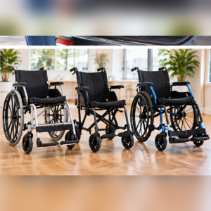 Mobility technician inspecting Lighter Wheelchair wheels, frame alignment, folding components, and wheel locks during maintenance.