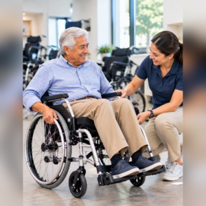Mobility specialist evaluating Lighter Wheelchair seating dimensions, rear-wheel position, and comfort during a professional fitting
