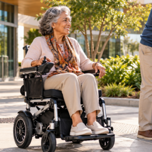 Older adult receiving a professional Lightweight Motor Wheelchair fitting with seating, joystick access, and portability features being evaluated.
