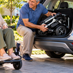 Mobility technician inspecting a Lightweight Motor Wheelchair motor, folding mechanism, and wheel components during professional servicing.