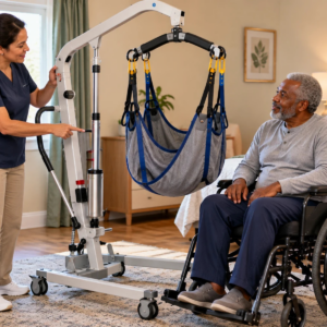 Original editorial image showing manual hydraulic patient lift in a realistic accessible setting without logos or private information.
