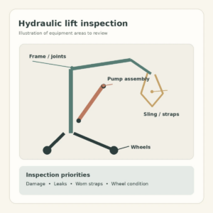 Original editorial image showing manual hydraulic patient lift in a realistic accessible setting without logos or private information.