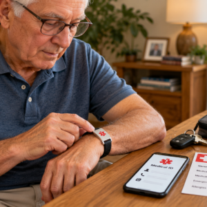 Older adult comparing medical ID bracelets and an emergency information card with a specialist.
