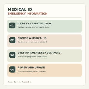 Four-step Medical ID and Emergency guide showing essential medical information, identification options, contacts, and regular record reviews.