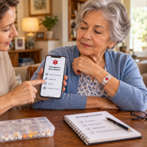 Older woman reviewing her medical ID bracelet, emergency wallet card, and smartphone emergency information at home.