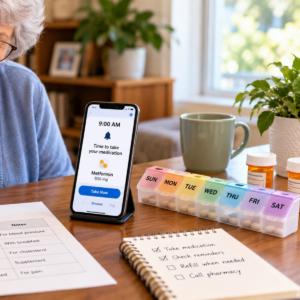 Older man and adult daughter testing an accessible medication reminder on a smartphone.
