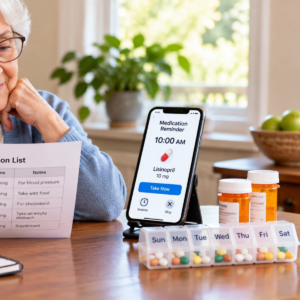 Smartphone reminder, printed medication schedule, calendar, and weekly pill organizer arranged on a table.