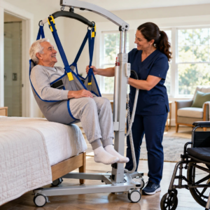 Original editorial image showing mobile patient lift in a realistic accessible setting without logos or private information.