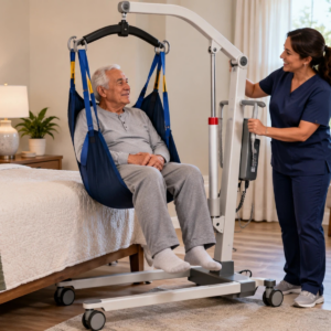 Original editorial image showing mobile patient lift in a realistic accessible setting without logos or private information.