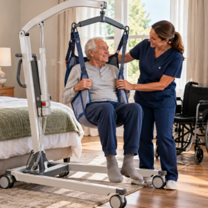 Original editorial image showing mobile patient lift in a realistic accessible setting without logos or private information.
