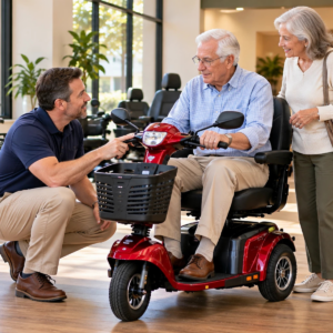 Original editorial image showing mobility scooter buy in a realistic, accessible setting without logos or private information.