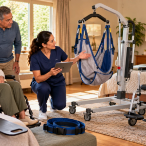 Older adult and caregiver reviewing patient transfer equipment for seniors with a qualified professional; no logos or private information.