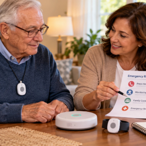 Older woman wearing a personal emergency response pendant while a family member reviews an emergency contact plan.