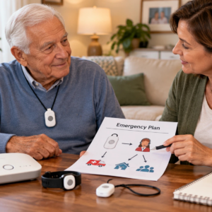 Older adult checking a personal emergency response pendant and charging station during a routine device inspection.